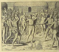 An illustration from Historiae antipodum, siue Novi orbis, qui vulgo Americae, & Indiae Occidentalis nomine vsurpatur, pars tertia, : Complectens admirandam cum ipsius terrae Brasiliae, tum incolarum eius barbarorum & antropophagorum historiam libris tribus descriptam: Quorum I. Primo continetur narratio profectionis Ioannis Stadij Hessi in Brasiliam, qui à barbaris interceptus, nouemque menses inter eos versatus est, II. Diegesis historica naturam coeli solique Brasiliensis, vt & auiam, ferarum, piscium, arborum item caeterorumq[ue] vegetabilium illius terrae experimens. III. Luculientissima descriptio itineris Iohannis Lerij Burgundi, quod in easdem terras suscepit. (1630)
