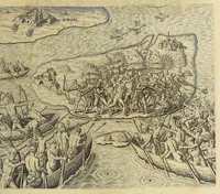 Picture 14 of 44 from Historiae antipodum, siue Novi orbis, qui vulgo Americae, & Indiae Occidentalis nomine vsurpatur, pars tertia, : Complectens admirandam cum ipsius terrae Brasiliae, tum incolarum eius barbarorum & antropophagorum historiam libris tribus descriptam: Quorum I. Primo continetur narratio profectionis Ioannis Stadij Hessi in Brasiliam, qui à barbaris interceptus, nouemque menses inter eos versatus est, II. Diegesis historica naturam coeli solique Brasiliensis, vt & auiam, ferarum, piscium, arborum item caeterorumq[ue] vegetabilium illius terrae experimens. III. Luculientissima descriptio itineris Iohannis Lerij Burgundi, quod in easdem terras suscepit. (1630), leaf 55