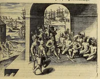 Picture 4 of 26 from Historiae antipodum siue Noui Orbis, qui vulgo Americae et Indiae Occidentalis nomine vsurpatur, pars nona: : continens veram et genvinam descriptionem duarum nauigationum Hollandicarum, quas Batavi diversas orbis partes magno animo, etsi varia fortuna, susceperunt. I. Et primo quidem libro narratur, quo pacto quinq[ue] naues, quae Amsterdamo soluerant. Magellanici freti angustiis superatis in Moluccas insulas pertendere conatae, diuerso euentu vsae fuerint, tribus scopum suum affecutis, duabus reliquis in periculoso illo stricto vi tempestarum variè afflectis, irritoque conamine tandem domum redire compulsis. II. Secundo libro felix & admirabilis Oliuerii van-der-Noort totius orbis periplus percensetur, vbi permulta memoratu dignissima, quae toto illo itinere occurrerunt, verè describuntur. Omnia hactenus confuse nec suo loco edita: nunc verò sublatis innumeris mendiis, interpretum Ablepsia admissis, decenter & ordine accurata: (1633), leaf 17