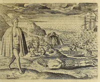 Picture 8 of 26 from Historiae antipodum siue Noui Orbis, qui vulgo Americae et Indiae Occidentalis nomine vsurpatur, pars nona: : continens veram et genvinam descriptionem duarum nauigationum Hollandicarum, quas Batavi diversas orbis partes magno animo, etsi varia fortuna, susceperunt. I. Et primo quidem libro narratur, quo pacto quinq[ue] naues, quae Amsterdamo soluerant. Magellanici freti angustiis superatis in Moluccas insulas pertendere conatae, diuerso euentu vsae fuerint, tribus scopum suum affecutis, duabus reliquis in periculoso illo stricto vi tempestarum variè afflectis, irritoque conamine tandem domum redire compulsis. II. Secundo libro felix & admirabilis Oliuerii van-der-Noort totius orbis periplus percensetur, vbi permulta memoratu dignissima, quae toto illo itinere occurrerunt, verè describuntur. Omnia hactenus confuse nec suo loco edita: nunc verò sublatis innumeris mendiis, interpretum Ablepsia admissis, decenter & ordine accurata: (1633), leaf 41