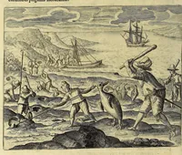 Picture 9 of 26 from Historiae antipodum siue Noui Orbis, qui vulgo Americae et Indiae Occidentalis nomine vsurpatur, pars nona: : continens veram et genvinam descriptionem duarum nauigationum Hollandicarum, quas Batavi diversas orbis partes magno animo, etsi varia fortuna, susceperunt. I. Et primo quidem libro narratur, quo pacto quinq[ue] naues, quae Amsterdamo soluerant. Magellanici freti angustiis superatis in Moluccas insulas pertendere conatae, diuerso euentu vsae fuerint, tribus scopum suum affecutis, duabus reliquis in periculoso illo stricto vi tempestarum variè afflectis, irritoque conamine tandem domum redire compulsis. II. Secundo libro felix & admirabilis Oliuerii van-der-Noort totius orbis periplus percensetur, vbi permulta memoratu dignissima, quae toto illo itinere occurrerunt, verè describuntur. Omnia hactenus confuse nec suo loco edita: nunc verò sublatis innumeris mendiis, interpretum Ablepsia admissis, decenter & ordine accurata: (1633), leaf 42