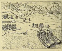 Picture 15 of 26 from Historiae antipodum siue Noui Orbis, qui vulgo Americae et Indiae Occidentalis nomine vsurpatur, pars nona: : continens veram et genvinam descriptionem duarum nauigationum Hollandicarum, quas Batavi diversas orbis partes magno animo, etsi varia fortuna, susceperunt. I. Et primo quidem libro narratur, quo pacto quinq[ue] naues, quae Amsterdamo soluerant. Magellanici freti angustiis superatis in Moluccas insulas pertendere conatae, diuerso euentu vsae fuerint, tribus scopum suum affecutis, duabus reliquis in periculoso illo stricto vi tempestarum variè afflectis, irritoque conamine tandem domum redire compulsis. II. Secundo libro felix & admirabilis Oliuerii van-der-Noort totius orbis periplus percensetur, vbi permulta memoratu dignissima, quae toto illo itinere occurrerunt, verè describuntur. Omnia hactenus confuse nec suo loco edita: nunc verò sublatis innumeris mendiis, interpretum Ablepsia admissis, decenter & ordine accurata: (1633), leaf 50