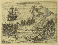 An illustration from Historiae antipodum siue Noui Orbis, qui vulgo Americae et Indiae Occidentalis nomine vsurpatur, pars nona: : continens veram et genvinam descriptionem duarum nauigationum Hollandicarum, quas Batavi diversas orbis partes magno animo, etsi varia fortuna, susceperunt. I. Et primo quidem libro narratur, quo pacto quinq[ue] naues, quae Amsterdamo soluerant. Magellanici freti angustiis superatis in Moluccas insulas pertendere conatae, diuerso euentu vsae fuerint, tribus scopum suum affecutis, duabus reliquis in periculoso illo stricto vi tempestarum variè afflectis, irritoque conamine tandem domum redire compulsis. II. Secundo libro felix & admirabilis Oliuerii van-der-Noort totius orbis periplus percensetur, vbi permulta memoratu dignissima, quae toto illo itinere occurrerunt, verè describuntur. Omnia hactenus confuse nec suo loco edita: nunc verò sublatis innumeris mendiis, interpretum Ablepsia admissis, decenter & ordine accurata: (1633)