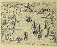 Picture 18 of 26 from Historiae antipodum siue Noui Orbis, qui vulgo Americae et Indiae Occidentalis nomine vsurpatur, pars nona: : continens veram et genvinam descriptionem duarum nauigationum Hollandicarum, quas Batavi diversas orbis partes magno animo, etsi varia fortuna, susceperunt. I. Et primo quidem libro narratur, quo pacto quinq[ue] naues, quae Amsterdamo soluerant. Magellanici freti angustiis superatis in Moluccas insulas pertendere conatae, diuerso euentu vsae fuerint, tribus scopum suum affecutis, duabus reliquis in periculoso illo stricto vi tempestarum variè afflectis, irritoque conamine tandem domum redire compulsis. II. Secundo libro felix & admirabilis Oliuerii van-der-Noort totius orbis periplus percensetur, vbi permulta memoratu dignissima, quae toto illo itinere occurrerunt, verè describuntur. Omnia hactenus confuse nec suo loco edita: nunc verò sublatis innumeris mendiis, interpretum Ablepsia admissis, decenter & ordine accurata: (1633), leaf 56