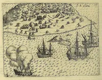 Picture 20 of 26 from Historiae antipodum siue Noui Orbis, qui vulgo Americae et Indiae Occidentalis nomine vsurpatur, pars nona: : continens veram et genvinam descriptionem duarum nauigationum Hollandicarum, quas Batavi diversas orbis partes magno animo, etsi varia fortuna, susceperunt. I. Et primo quidem libro narratur, quo pacto quinq[ue] naues, quae Amsterdamo soluerant. Magellanici freti angustiis superatis in Moluccas insulas pertendere conatae, diuerso euentu vsae fuerint, tribus scopum suum affecutis, duabus reliquis in periculoso illo stricto vi tempestarum variè afflectis, irritoque conamine tandem domum redire compulsis. II. Secundo libro felix & admirabilis Oliuerii van-der-Noort totius orbis periplus percensetur, vbi permulta memoratu dignissima, quae toto illo itinere occurrerunt, verè describuntur. Omnia hactenus confuse nec suo loco edita: nunc verò sublatis innumeris mendiis, interpretum Ablepsia admissis, decenter & ordine accurata: (1633), leaf 60
