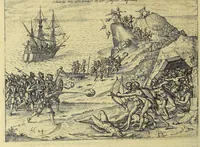 Picture 21 of 26 from Historiae antipodum siue Noui Orbis, qui vulgo Americae et Indiae Occidentalis nomine vsurpatur, pars nona: : continens veram et genvinam descriptionem duarum nauigationum Hollandicarum, quas Batavi diversas orbis partes magno animo, etsi varia fortuna, susceperunt. I. Et primo quidem libro narratur, quo pacto quinq[ue] naues, quae Amsterdamo soluerant. Magellanici freti angustiis superatis in Moluccas insulas pertendere conatae, diuerso euentu vsae fuerint, tribus scopum suum affecutis, duabus reliquis in periculoso illo stricto vi tempestarum variè afflectis, irritoque conamine tandem domum redire compulsis. II. Secundo libro felix & admirabilis Oliuerii van-der-Noort totius orbis periplus percensetur, vbi permulta memoratu dignissima, quae toto illo itinere occurrerunt, verè describuntur. Omnia hactenus confuse nec suo loco edita: nunc verò sublatis innumeris mendiis, interpretum Ablepsia admissis, decenter & ordine accurata: (1633), leaf 66