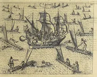 Picture 23 of 26 from Historiae antipodum siue Noui Orbis, qui vulgo Americae et Indiae Occidentalis nomine vsurpatur, pars nona: : continens veram et genvinam descriptionem duarum nauigationum Hollandicarum, quas Batavi diversas orbis partes magno animo, etsi varia fortuna, susceperunt. I. Et primo quidem libro narratur, quo pacto quinq[ue] naues, quae Amsterdamo soluerant. Magellanici freti angustiis superatis in Moluccas insulas pertendere conatae, diuerso euentu vsae fuerint, tribus scopum suum affecutis, duabus reliquis in periculoso illo stricto vi tempestarum variè afflectis, irritoque conamine tandem domum redire compulsis. II. Secundo libro felix & admirabilis Oliuerii van-der-Noort totius orbis periplus percensetur, vbi permulta memoratu dignissima, quae toto illo itinere occurrerunt, verè describuntur. Omnia hactenus confuse nec suo loco edita: nunc verò sublatis innumeris mendiis, interpretum Ablepsia admissis, decenter & ordine accurata: (1633), leaf 85
