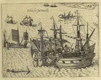 Picture 25 of 26 from Historiae antipodum siue Noui Orbis, qui vulgo Americae et Indiae Occidentalis nomine vsurpatur, pars nona: : continens veram et genvinam descriptionem duarum nauigationum Hollandicarum, quas Batavi diversas orbis partes magno animo, etsi varia fortuna, susceperunt. I. Et primo quidem libro narratur, quo pacto quinq[ue] naues, quae Amsterdamo soluerant. Magellanici freti angustiis superatis in Moluccas insulas pertendere conatae, diuerso euentu vsae fuerint, tribus scopum suum affecutis, duabus reliquis in periculoso illo stricto vi tempestarum variè afflectis, irritoque conamine tandem domum redire compulsis. II. Secundo libro felix & admirabilis Oliuerii van-der-Noort totius orbis periplus percensetur, vbi permulta memoratu dignissima, quae toto illo itinere occurrerunt, verè describuntur. Omnia hactenus confuse nec suo loco edita: nunc verò sublatis innumeris mendiis, interpretum Ablepsia admissis, decenter & ordine accurata: (1633), leaf 97