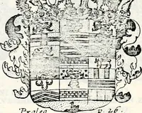 An illustration from Historia insignium illustrium sev Operis heraldici pars specialis : continens delineationem insignium plerorumque regum, ducum principum, comitum & baronum in cultiori Europa, cum explicatione singularum tesserarum, & multis ad familiarum decora titulos atque jura spectantibus, nec non tabulis aeneis scuta galeasq : in opere explicata obtutui exponentibus & indicibus necessariis (1680)