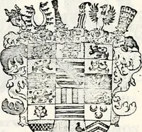 An illustration from Historia insignium illustrium sev Operis heraldici pars specialis : continens delineationem insignium plerorumque regum, ducum principum, comitum & baronum in cultiori Europa, cum explicatione singularum tesserarum, & multis ad familiarum decora titulos atque jura spectantibus, nec non tabulis aeneis scuta galeasq : in opere explicata obtutui exponentibus & indicibus necessariis (1680)