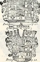 An illustration from Historia insignium illustrium sev Operis heraldici pars specialis : continens delineationem insignium plerorumque regum, ducum principum, comitum & baronum in cultiori Europa, cum explicatione singularum tesserarum, & multis ad familiarum decora titulos atque jura spectantibus, nec non tabulis aeneis scuta galeasq : in opere explicata obtutui exponentibus & indicibus necessariis (1680)