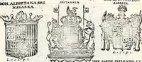 An illustration from Historia insignium illustrium sev Operis heraldici pars specialis : continens delineationem insignium plerorumque regum, ducum principum, comitum & baronum in cultiori Europa, cum explicatione singularum tesserarum, & multis ad familiarum decora titulos atque jura spectantibus, nec non tabulis aeneis scuta galeasq : in opere explicata obtutui exponentibus & indicibus necessariis (1680)