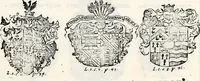 An illustration from Historia insignium illustrium sev Operis heraldici pars specialis : continens delineationem insignium plerorumque regum, ducum principum, comitum & baronum in cultiori Europa, cum explicatione singularum tesserarum, & multis ad familiarum decora titulos atque jura spectantibus, nec non tabulis aeneis scuta galeasq : in opere explicata obtutui exponentibus & indicibus necessariis (1680)