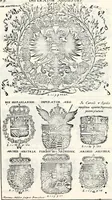 An illustration from Historia insignium illustrium sev Operis heraldici pars specialis : continens delineationem insignium plerorumque regum, ducum principum, comitum & baronum in cultiori Europa, cum explicatione singularum tesserarum, & multis ad familiarum decora titulos atque jura spectantibus, nec non tabulis aeneis scuta galeasq : in opere explicata obtutui exponentibus & indicibus necessariis (1680)