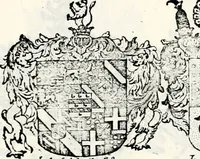 An illustration from Historia insignium illustrium sev Operis heraldici pars specialis : continens delineationem insignium plerorumque regum, ducum principum, comitum & baronum in cultiori Europa, cum explicatione singularum tesserarum, & multis ad familiarum decora titulos atque jura spectantibus, nec non tabulis aeneis scuta galeasq : in opere explicata obtutui exponentibus & indicibus necessariis (1680)