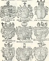 An illustration from Historia insignium illustrium sev Operis heraldici pars specialis : continens delineationem insignium plerorumque regum, ducum principum, comitum & baronum in cultiori Europa, cum explicatione singularum tesserarum, & multis ad familiarum decora titulos atque jura spectantibus, nec non tabulis aeneis scuta galeasq : in opere explicata obtutui exponentibus & indicibus necessariis (1680)