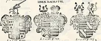 An illustration from Historia insignium illustrium sev Operis heraldici pars specialis : continens delineationem insignium plerorumque regum, ducum principum, comitum & baronum in cultiori Europa, cum explicatione singularum tesserarum, & multis ad familiarum decora titulos atque jura spectantibus, nec non tabulis aeneis scuta galeasq : in opere explicata obtutui exponentibus & indicibus necessariis (1680)