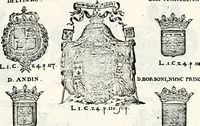An illustration from Historia insignium illustrium sev Operis heraldici pars specialis : continens delineationem insignium plerorumque regum, ducum principum, comitum & baronum in cultiori Europa, cum explicatione singularum tesserarum, & multis ad familiarum decora titulos atque jura spectantibus, nec non tabulis aeneis scuta galeasq : in opere explicata obtutui exponentibus & indicibus necessariis (1680)