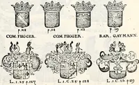 An illustration from Historia insignium illustrium sev Operis heraldici pars specialis : continens delineationem insignium plerorumque regum, ducum principum, comitum & baronum in cultiori Europa, cum explicatione singularum tesserarum, & multis ad familiarum decora titulos atque jura spectantibus, nec non tabulis aeneis scuta galeasq : in opere explicata obtutui exponentibus & indicibus necessariis (1680)