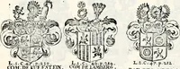 An illustration from Historia insignium illustrium sev Operis heraldici pars specialis : continens delineationem insignium plerorumque regum, ducum principum, comitum & baronum in cultiori Europa, cum explicatione singularum tesserarum, & multis ad familiarum decora titulos atque jura spectantibus, nec non tabulis aeneis scuta galeasq : in opere explicata obtutui exponentibus & indicibus necessariis (1680)