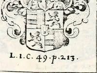 An illustration from Historia insignium illustrium sev Operis heraldici pars specialis : continens delineationem insignium plerorumque regum, ducum principum, comitum & baronum in cultiori Europa, cum explicatione singularum tesserarum, & multis ad familiarum decora titulos atque jura spectantibus, nec non tabulis aeneis scuta galeasq : in opere explicata obtutui exponentibus & indicibus necessariis (1680)