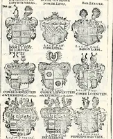 An illustration from Historia insignium illustrium sev Operis heraldici pars specialis : continens delineationem insignium plerorumque regum, ducum principum, comitum & baronum in cultiori Europa, cum explicatione singularum tesserarum, & multis ad familiarum decora titulos atque jura spectantibus, nec non tabulis aeneis scuta galeasq : in opere explicata obtutui exponentibus & indicibus necessariis (1680)