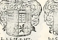 An illustration from Historia insignium illustrium sev Operis heraldici pars specialis : continens delineationem insignium plerorumque regum, ducum principum, comitum & baronum in cultiori Europa, cum explicatione singularum tesserarum, & multis ad familiarum decora titulos atque jura spectantibus, nec non tabulis aeneis scuta galeasq : in opere explicata obtutui exponentibus & indicibus necessariis (1680)