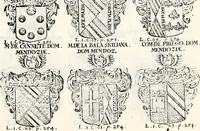 An illustration from Historia insignium illustrium sev Operis heraldici pars specialis : continens delineationem insignium plerorumque regum, ducum principum, comitum & baronum in cultiori Europa, cum explicatione singularum tesserarum, & multis ad familiarum decora titulos atque jura spectantibus, nec non tabulis aeneis scuta galeasq : in opere explicata obtutui exponentibus & indicibus necessariis (1680)