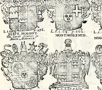 An illustration from Historia insignium illustrium sev Operis heraldici pars specialis : continens delineationem insignium plerorumque regum, ducum principum, comitum & baronum in cultiori Europa, cum explicatione singularum tesserarum, & multis ad familiarum decora titulos atque jura spectantibus, nec non tabulis aeneis scuta galeasq : in opere explicata obtutui exponentibus & indicibus necessariis (1680)
