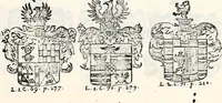An illustration from Historia insignium illustrium sev Operis heraldici pars specialis : continens delineationem insignium plerorumque regum, ducum principum, comitum & baronum in cultiori Europa, cum explicatione singularum tesserarum, & multis ad familiarum decora titulos atque jura spectantibus, nec non tabulis aeneis scuta galeasq : in opere explicata obtutui exponentibus & indicibus necessariis (1680)