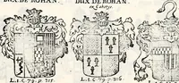 An illustration from Historia insignium illustrium sev Operis heraldici pars specialis : continens delineationem insignium plerorumque regum, ducum principum, comitum & baronum in cultiori Europa, cum explicatione singularum tesserarum, & multis ad familiarum decora titulos atque jura spectantibus, nec non tabulis aeneis scuta galeasq : in opere explicata obtutui exponentibus & indicibus necessariis (1680)