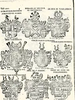 An illustration from Historia insignium illustrium sev Operis heraldici pars specialis : continens delineationem insignium plerorumque regum, ducum principum, comitum & baronum in cultiori Europa, cum explicatione singularum tesserarum, & multis ad familiarum decora titulos atque jura spectantibus, nec non tabulis aeneis scuta galeasq : in opere explicata obtutui exponentibus & indicibus necessariis (1680)