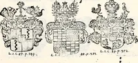 An illustration from Historia insignium illustrium sev Operis heraldici pars specialis : continens delineationem insignium plerorumque regum, ducum principum, comitum & baronum in cultiori Europa, cum explicatione singularum tesserarum, & multis ad familiarum decora titulos atque jura spectantibus, nec non tabulis aeneis scuta galeasq : in opere explicata obtutui exponentibus & indicibus necessariis (1680)