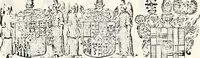 An illustration from Historia insignium illustrium sev Operis heraldici pars specialis : continens delineationem insignium plerorumque regum, ducum principum, comitum & baronum in cultiori Europa, cum explicatione singularum tesserarum, & multis ad familiarum decora titulos atque jura spectantibus, nec non tabulis aeneis scuta galeasq : in opere explicata obtutui exponentibus & indicibus necessariis (1680)