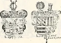 An illustration from Historia insignium illustrium sev Operis heraldici pars specialis : continens delineationem insignium plerorumque regum, ducum principum, comitum & baronum in cultiori Europa, cum explicatione singularum tesserarum, & multis ad familiarum decora titulos atque jura spectantibus, nec non tabulis aeneis scuta galeasq : in opere explicata obtutui exponentibus & indicibus necessariis (1680)