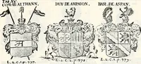 An illustration from Historia insignium illustrium sev Operis heraldici pars specialis : continens delineationem insignium plerorumque regum, ducum principum, comitum & baronum in cultiori Europa, cum explicatione singularum tesserarum, & multis ad familiarum decora titulos atque jura spectantibus, nec non tabulis aeneis scuta galeasq : in opere explicata obtutui exponentibus & indicibus necessariis (1680)