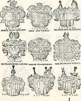 An illustration from Historia insignium illustrium sev Operis heraldici pars specialis : continens delineationem insignium plerorumque regum, ducum principum, comitum & baronum in cultiori Europa, cum explicatione singularum tesserarum, & multis ad familiarum decora titulos atque jura spectantibus, nec non tabulis aeneis scuta galeasq : in opere explicata obtutui exponentibus & indicibus necessariis (1680)