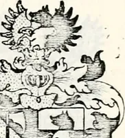 An illustration from Historia insignium illustrium sev Operis heraldici pars specialis : continens delineationem insignium plerorumque regum, ducum principum, comitum & baronum in cultiori Europa, cum explicatione singularum tesserarum, & multis ad familiarum decora titulos atque jura spectantibus, nec non tabulis aeneis scuta galeasq : in opere explicata obtutui exponentibus & indicibus necessariis (1680)