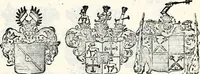 An illustration from Historia insignium illustrium sev Operis heraldici pars specialis : continens delineationem insignium plerorumque regum, ducum principum, comitum & baronum in cultiori Europa, cum explicatione singularum tesserarum, & multis ad familiarum decora titulos atque jura spectantibus, nec non tabulis aeneis scuta galeasq : in opere explicata obtutui exponentibus & indicibus necessariis (1680)