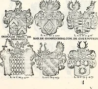 An illustration from Historia insignium illustrium sev Operis heraldici pars specialis : continens delineationem insignium plerorumque regum, ducum principum, comitum & baronum in cultiori Europa, cum explicatione singularum tesserarum, & multis ad familiarum decora titulos atque jura spectantibus, nec non tabulis aeneis scuta galeasq : in opere explicata obtutui exponentibus & indicibus necessariis (1680)