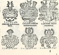 An illustration from Historia insignium illustrium sev Operis heraldici pars specialis : continens delineationem insignium plerorumque regum, ducum principum, comitum & baronum in cultiori Europa, cum explicatione singularum tesserarum, & multis ad familiarum decora titulos atque jura spectantibus, nec non tabulis aeneis scuta galeasq : in opere explicata obtutui exponentibus & indicibus necessariis (1680)