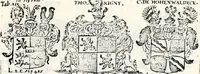 An illustration from Historia insignium illustrium sev Operis heraldici pars specialis : continens delineationem insignium plerorumque regum, ducum principum, comitum & baronum in cultiori Europa, cum explicatione singularum tesserarum, & multis ad familiarum decora titulos atque jura spectantibus, nec non tabulis aeneis scuta galeasq : in opere explicata obtutui exponentibus & indicibus necessariis (1680)