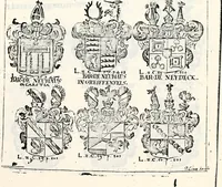 An illustration from Historia insignium illustrium sev Operis heraldici pars specialis : continens delineationem insignium plerorumque regum, ducum principum, comitum & baronum in cultiori Europa, cum explicatione singularum tesserarum, & multis ad familiarum decora titulos atque jura spectantibus, nec non tabulis aeneis scuta galeasq : in opere explicata obtutui exponentibus & indicibus necessariis (1680)