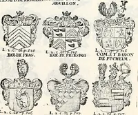 An illustration from Historia insignium illustrium sev Operis heraldici pars specialis : continens delineationem insignium plerorumque regum, ducum principum, comitum & baronum in cultiori Europa, cum explicatione singularum tesserarum, & multis ad familiarum decora titulos atque jura spectantibus, nec non tabulis aeneis scuta galeasq : in opere explicata obtutui exponentibus & indicibus necessariis (1680)