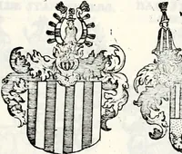 An illustration from Historia insignium illustrium sev Operis heraldici pars specialis : continens delineationem insignium plerorumque regum, ducum principum, comitum & baronum in cultiori Europa, cum explicatione singularum tesserarum, & multis ad familiarum decora titulos atque jura spectantibus, nec non tabulis aeneis scuta galeasq : in opere explicata obtutui exponentibus & indicibus necessariis (1680)