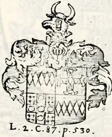 An illustration from Historia insignium illustrium sev Operis heraldici pars specialis : continens delineationem insignium plerorumque regum, ducum principum, comitum & baronum in cultiori Europa, cum explicatione singularum tesserarum, & multis ad familiarum decora titulos atque jura spectantibus, nec non tabulis aeneis scuta galeasq : in opere explicata obtutui exponentibus & indicibus necessariis (1680)