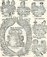 An illustration from Historia insignium illustrium sev Operis heraldici pars specialis : continens delineationem insignium plerorumque regum, ducum principum, comitum & baronum in cultiori Europa, cum explicatione singularum tesserarum, & multis ad familiarum decora titulos atque jura spectantibus, nec non tabulis aeneis scuta galeasq : in opere explicata obtutui exponentibus & indicibus necessariis (1680)