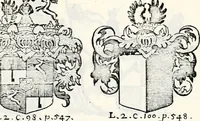 An illustration from Historia insignium illustrium sev Operis heraldici pars specialis : continens delineationem insignium plerorumque regum, ducum principum, comitum & baronum in cultiori Europa, cum explicatione singularum tesserarum, & multis ad familiarum decora titulos atque jura spectantibus, nec non tabulis aeneis scuta galeasq : in opere explicata obtutui exponentibus & indicibus necessariis (1680)