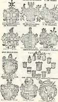 An illustration from Historia insignium illustrium sev Operis heraldici pars specialis : continens delineationem insignium plerorumque regum, ducum principum, comitum & baronum in cultiori Europa, cum explicatione singularum tesserarum, & multis ad familiarum decora titulos atque jura spectantibus, nec non tabulis aeneis scuta galeasq : in opere explicata obtutui exponentibus & indicibus necessariis (1680)