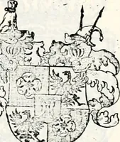 An illustration from Historia insignium illustrium sev Operis heraldici pars specialis : continens delineationem insignium plerorumque regum, ducum principum, comitum & baronum in cultiori Europa, cum explicatione singularum tesserarum, & multis ad familiarum decora titulos atque jura spectantibus, nec non tabulis aeneis scuta galeasq : in opere explicata obtutui exponentibus & indicibus necessariis (1680)